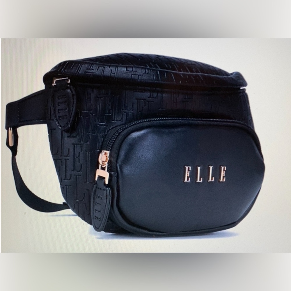 REDUCED Black Travel Belt Bag Elle Embossed with Gold Accents Vegan Leather NWT